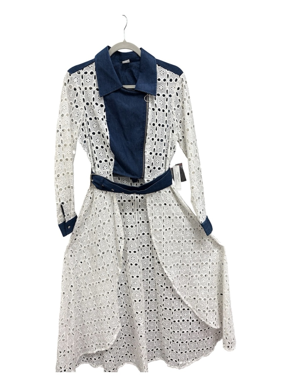 VENUS White Eyelet Midi Dress with Navy Accents